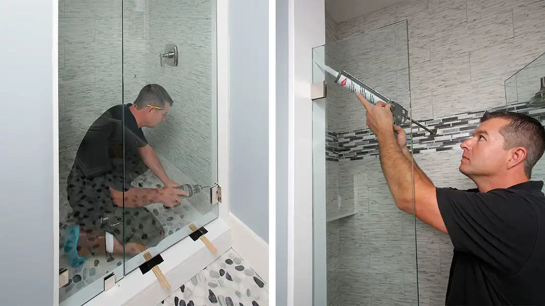 Worker installing glass shower door frameless and applying sealant