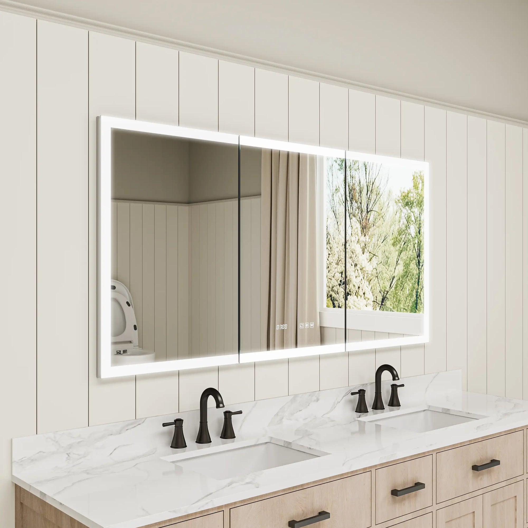 Modern bathroom with an illuminated inset medicine cabinet mirror above a double vanity featuring marble countertops and minimalist design.