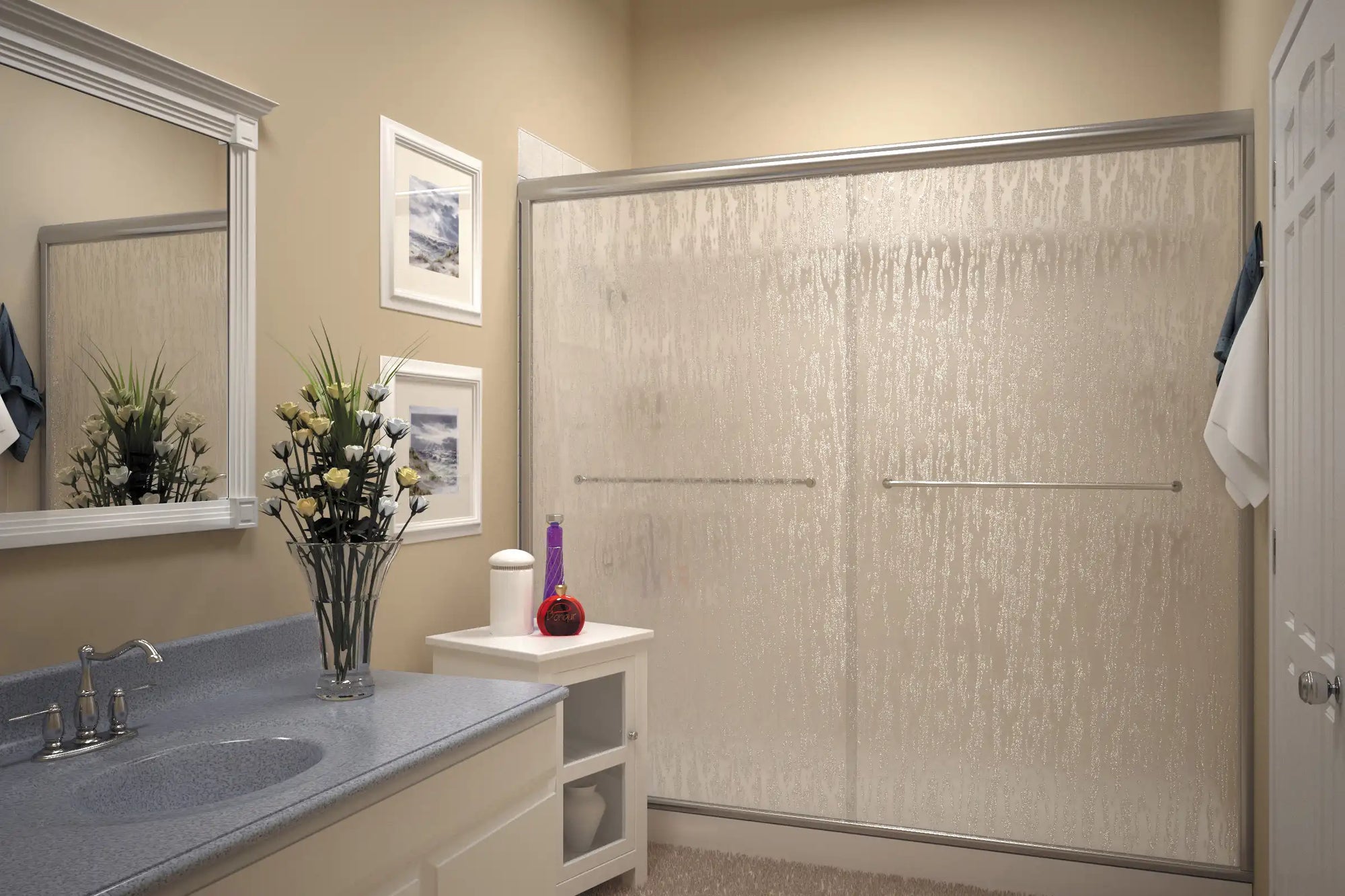 Traditional bathroom featuring a sliding rain glass shower door with silver framing.