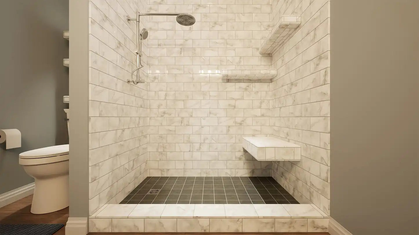 Modern tiled walk-in shower with wall-mounted shower conversion kit and built-in bench.