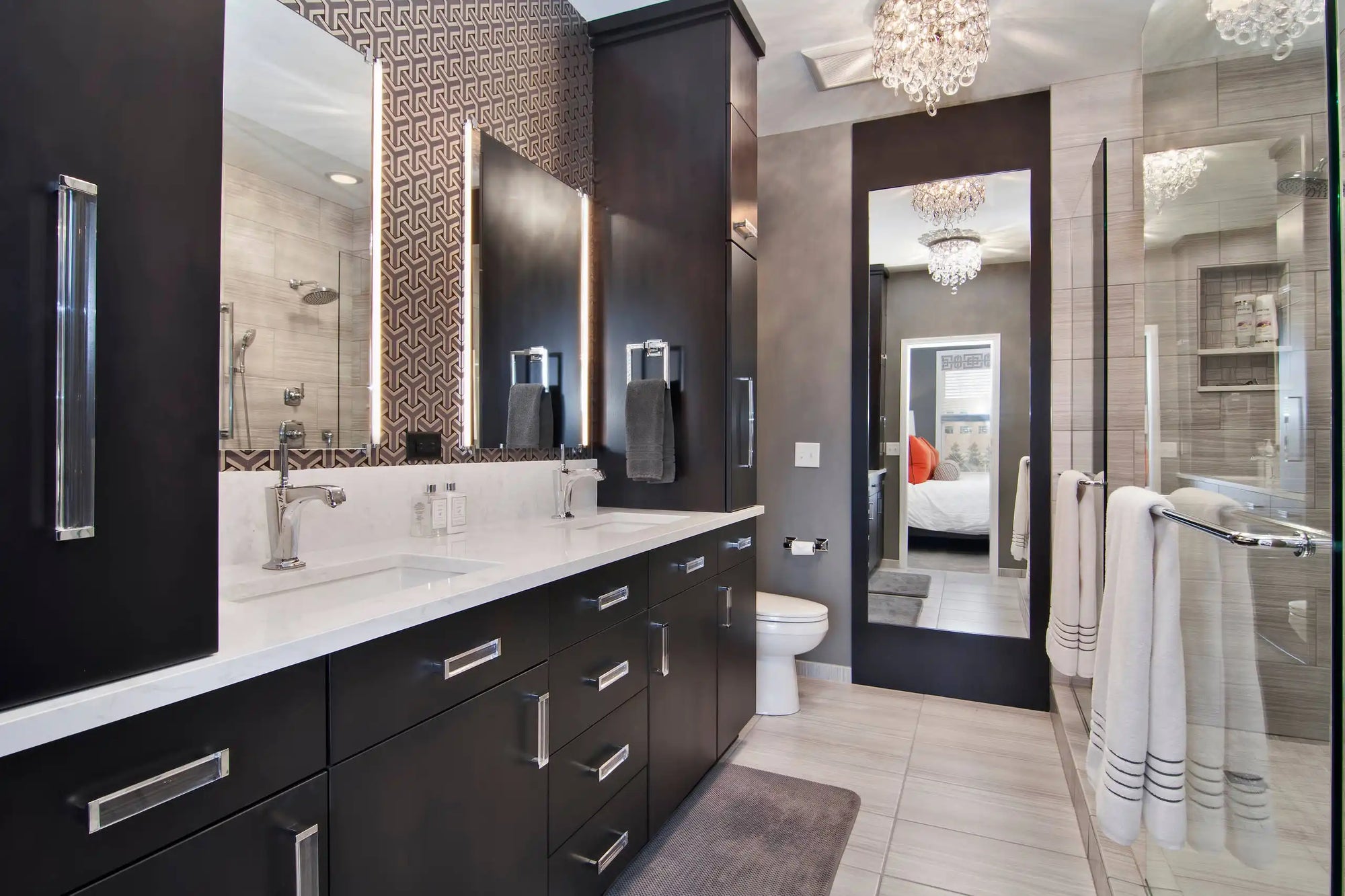 This modern bathroom features sleek black cabinetry with a recessed bathroom mirror cabinet, creating a stylish and organized space. | ACE DECOR