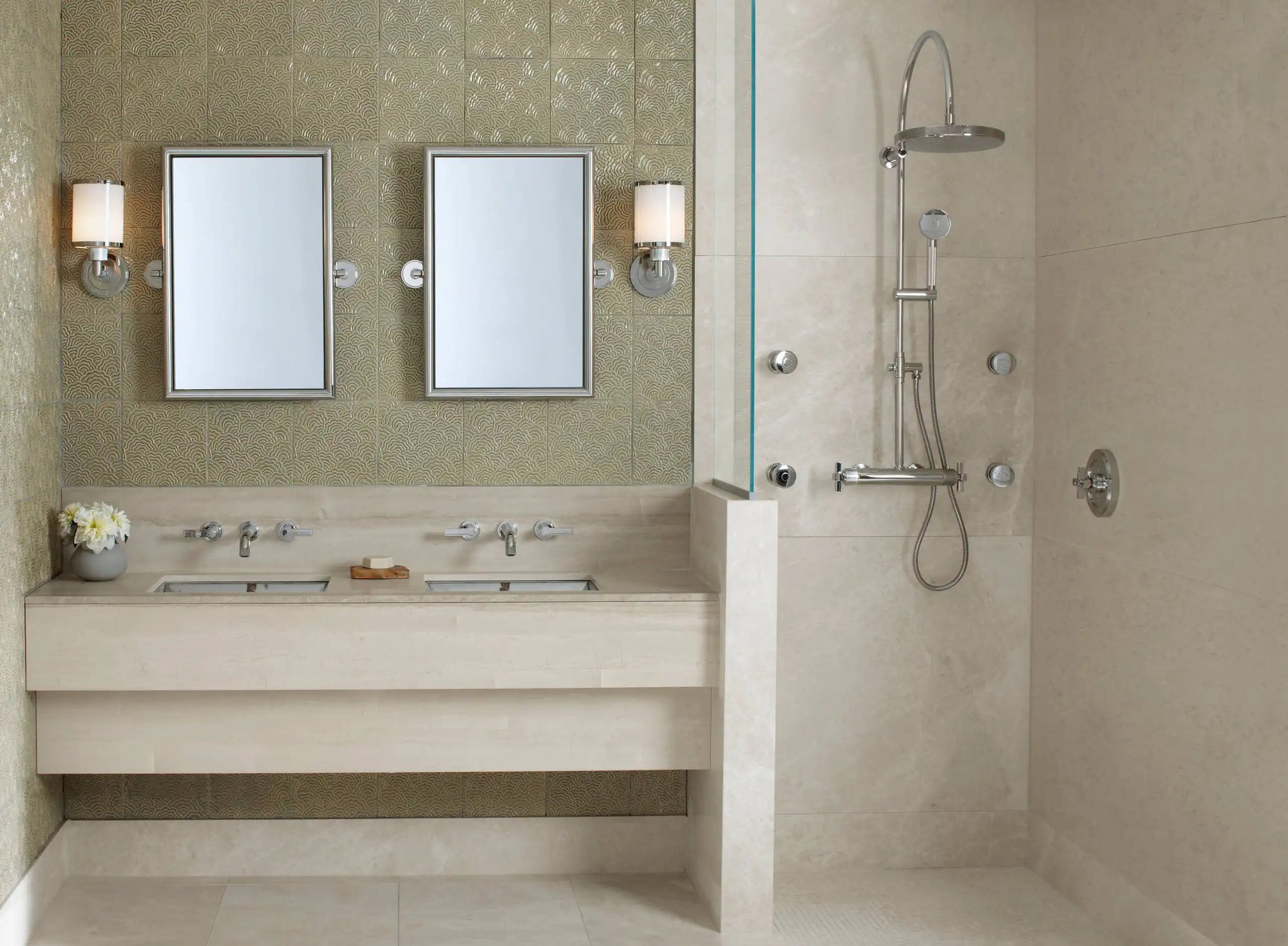 A stylish bathroom featuring best luxury shower systems with a rainfall shower, handheld sprayer, body jets, and elegant double vanity design. |ACE DECOR