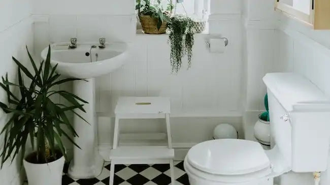 Light, compact bathroom featuring a Pedestal Sink With Backsplash, checkered tile floor, toilet, and potted plants by the window. |ACE DECOR