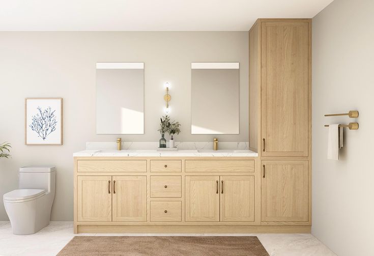 Minimalist wood grain bathroom with two vanities and double mirrors.