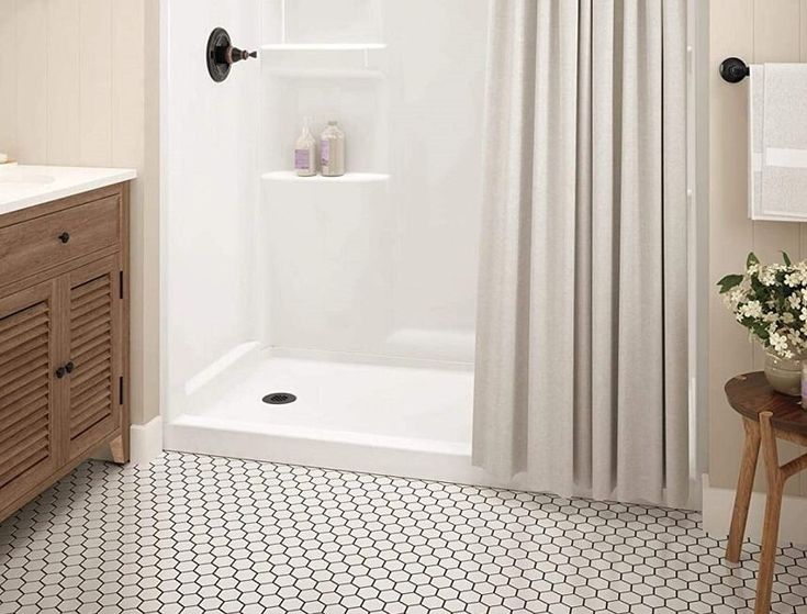 Classic alcove shower base best with white curtain and built-in shelves