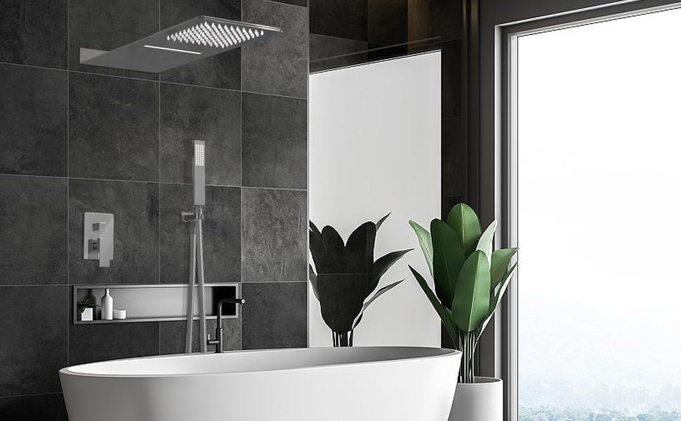 Ceiling-mounted multi function shower system with minimalist design in a luxury bathroom