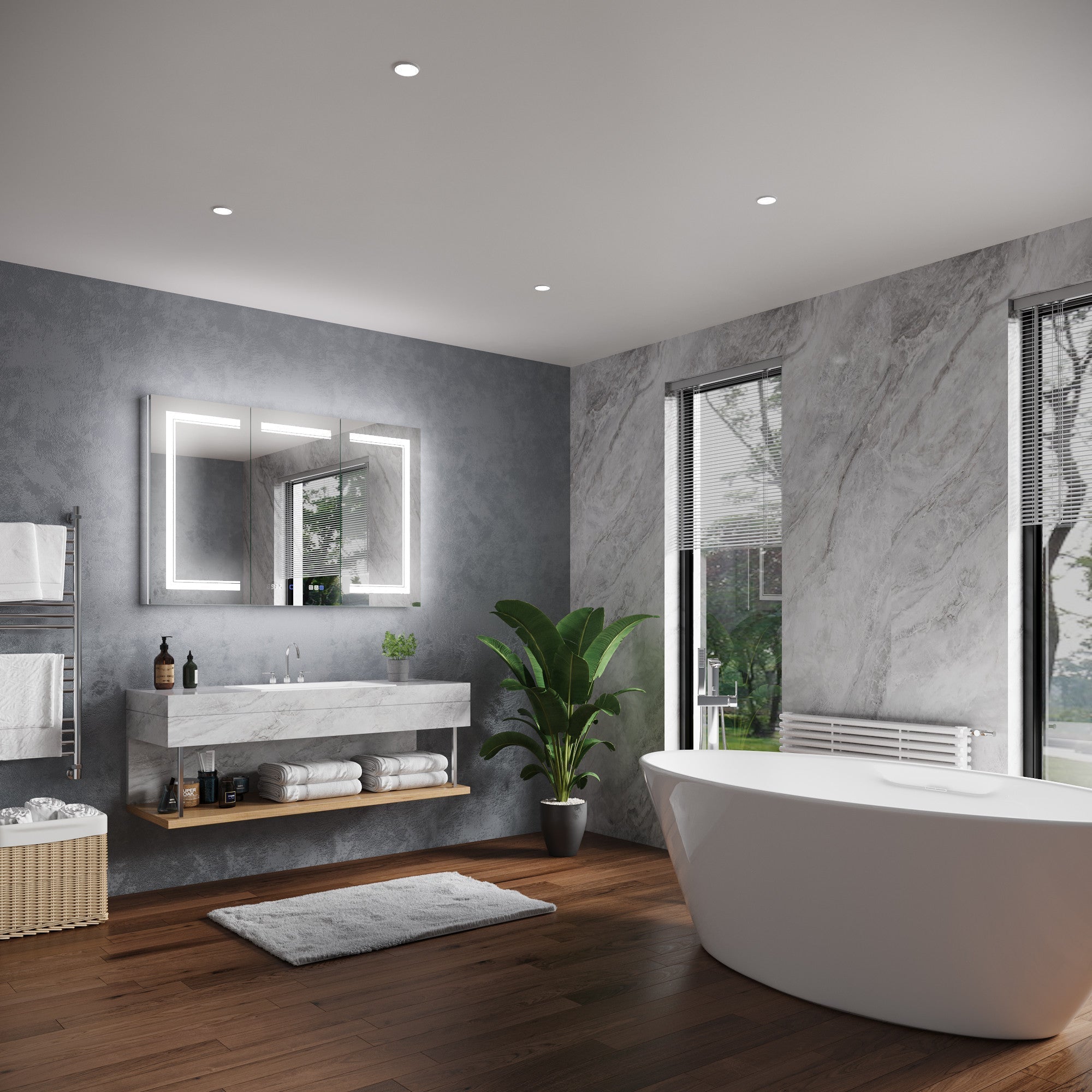 A luxurious bathroom featuring a wall-mounted marble vanity with dual lighted mirror cabinets, a freestanding soaking tub, and elegant floor-to-ceiling windows. | ACE DECOR