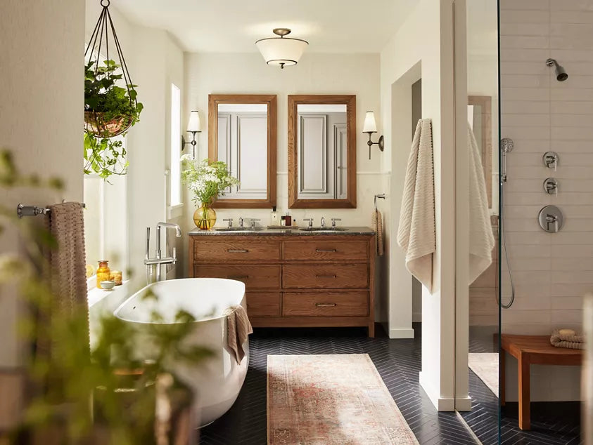 Double vanity design with one piece bathroom sink and countertop in luxury master bath.