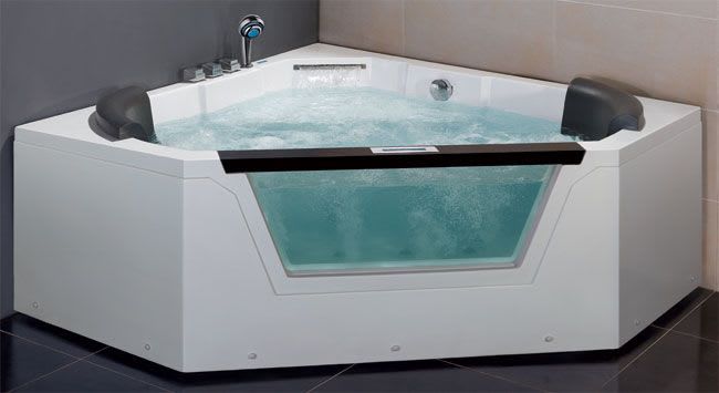 Top Rated Jetted Bathtubs: Whirlpool corner tub with clear glass panel for relaxing hydromassage.