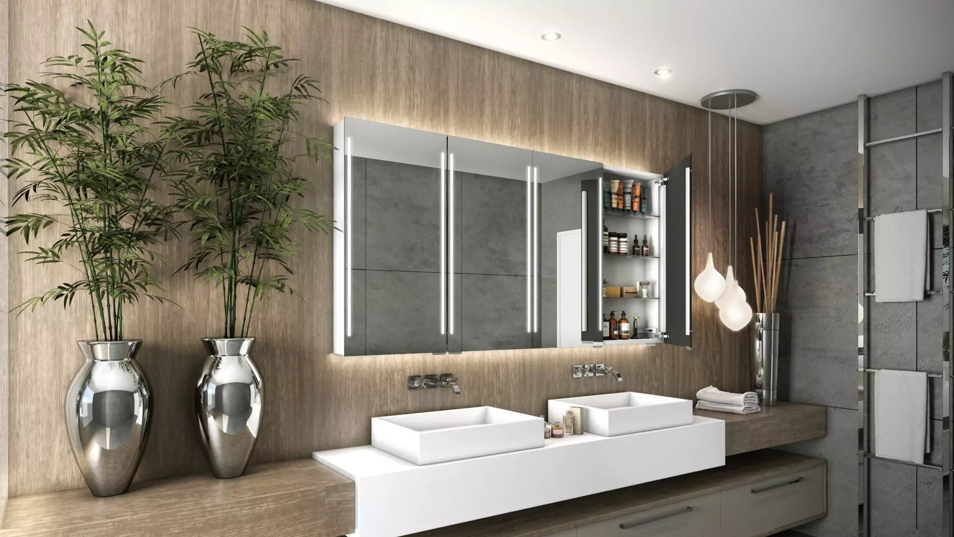 Large bathroom cabinet mirror replacement with LED side lights and interior storage
