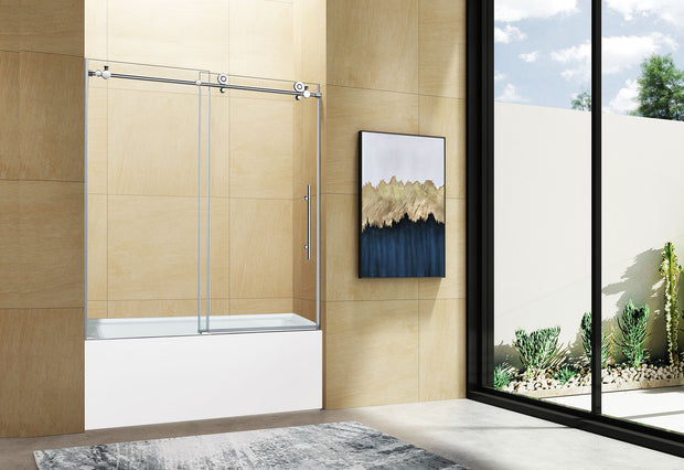 Minimalist double sliding shower tub doors frameless with top-mounted rollers