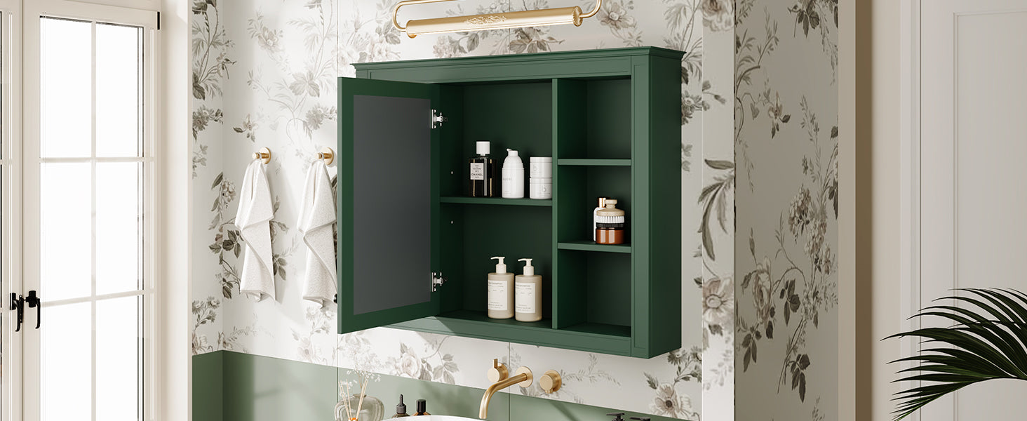 Classic green wall cabinet with mirror featuring open shelving for organized bathroom storage