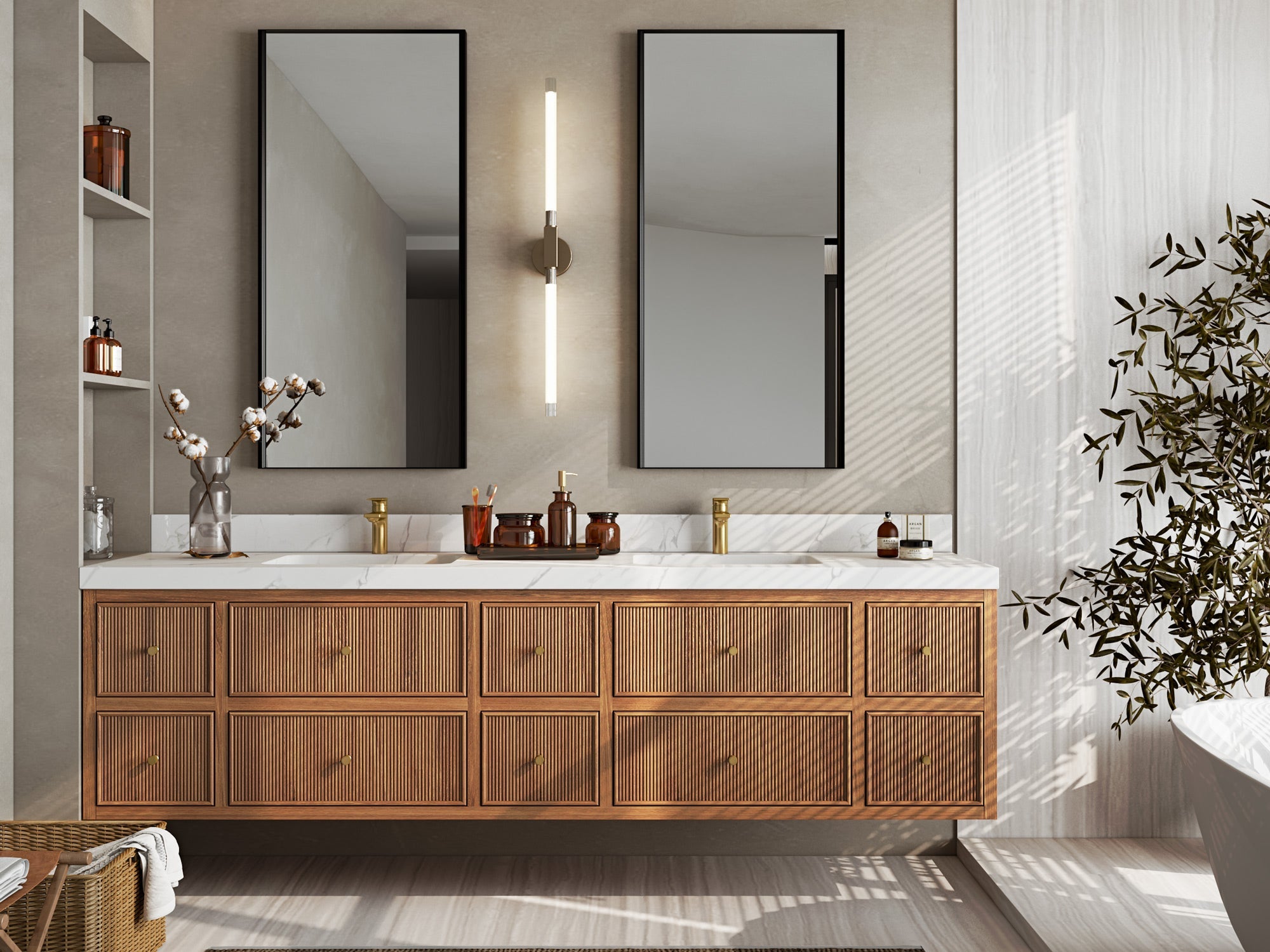 Modern wood floating vanities for bathrooms with double sinks and ample drawer storage.