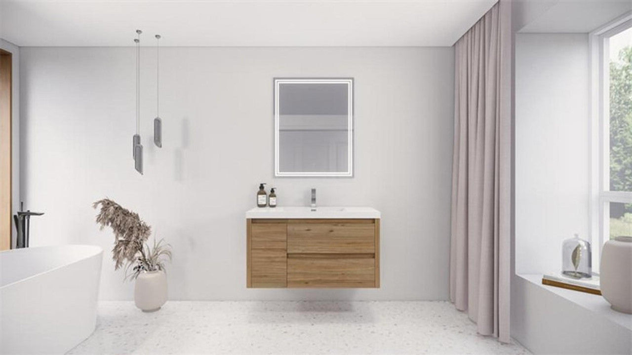 Minimalist wall mount vanity makeup with wood drawers and LED mirror in a bright modern bathroom