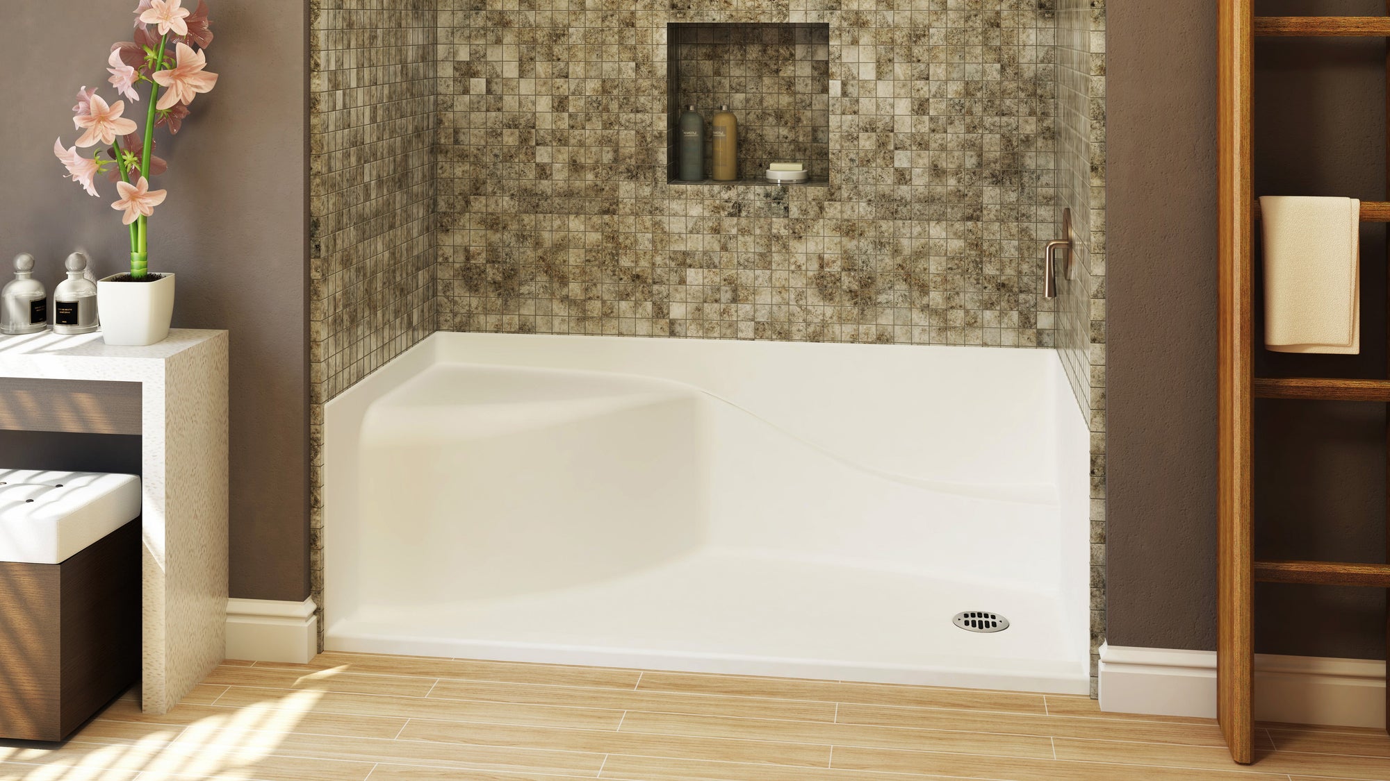 Curved corner shower with built-in seat, showcasing unique shower stall base sizes for compact bathrooms.