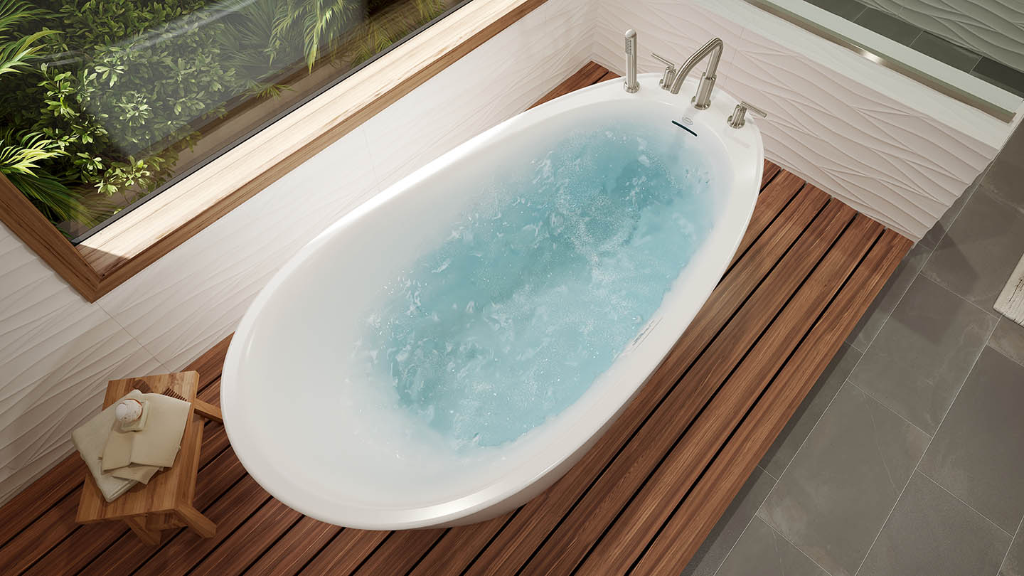 Freestanding soaking bathtub with jet bubbles, compatible with covers for bathtub jets
