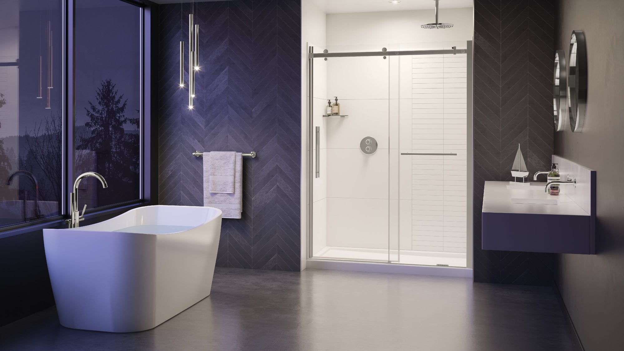 Modern bathroom with freestanding tub and sleek glass shower sliding doors in a minimalist dark-toned interior