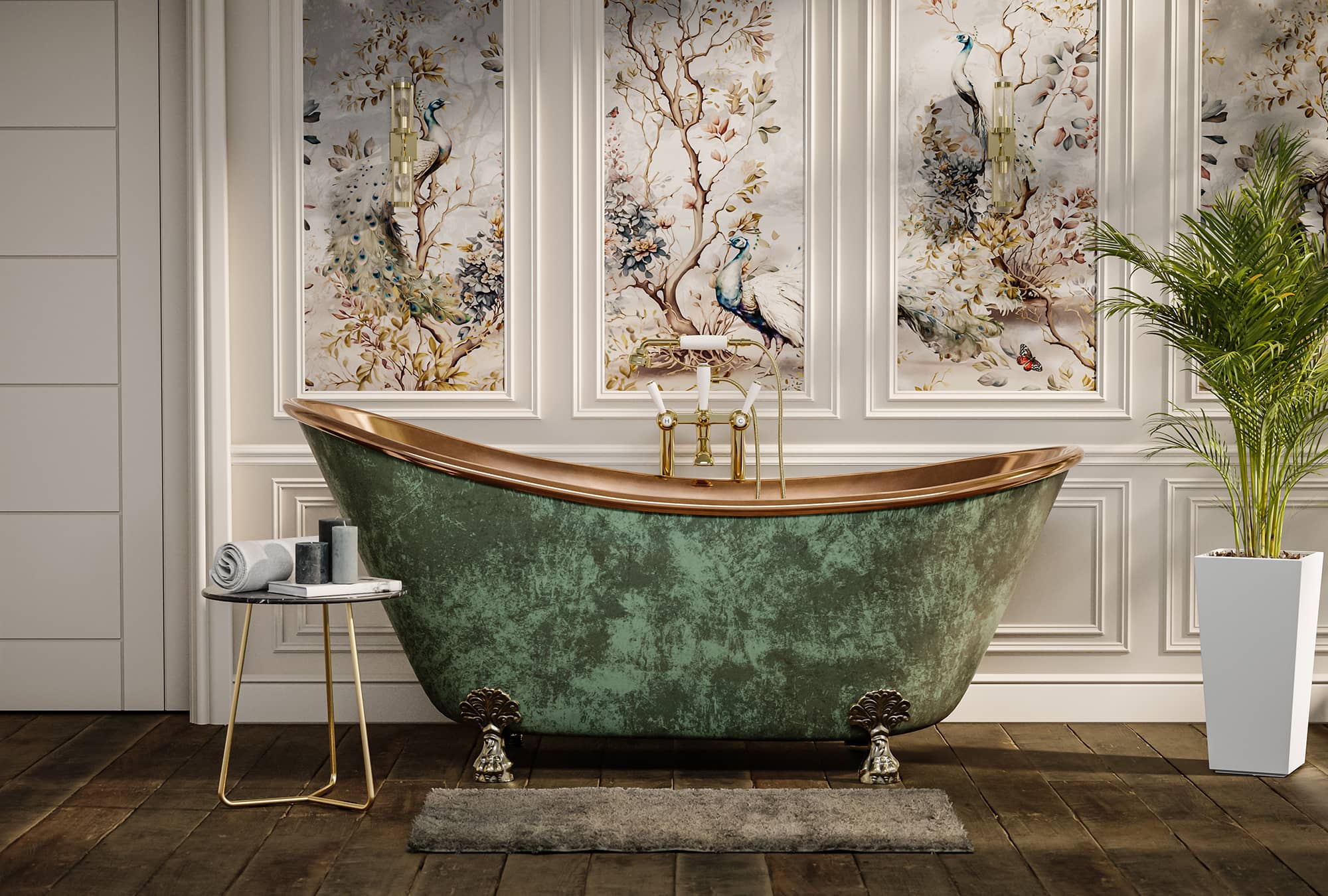 Vintage-style freestanding copper bathtub with green exterior and clawfoot design in a luxurious bathroom.