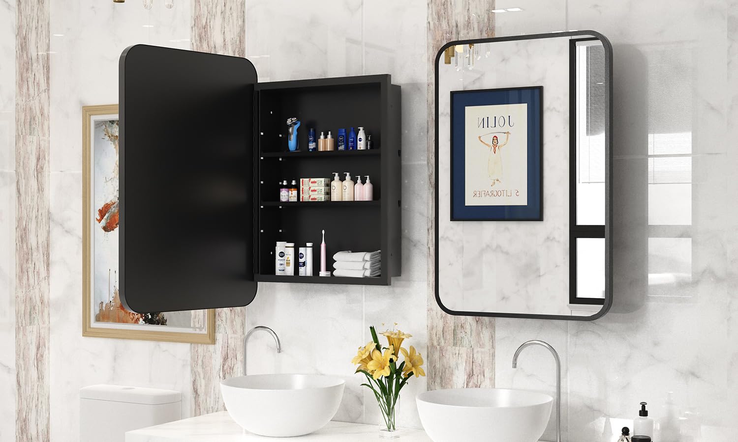black medicine cabinet with mirror open to show storage shelves in a modern marble bathroom