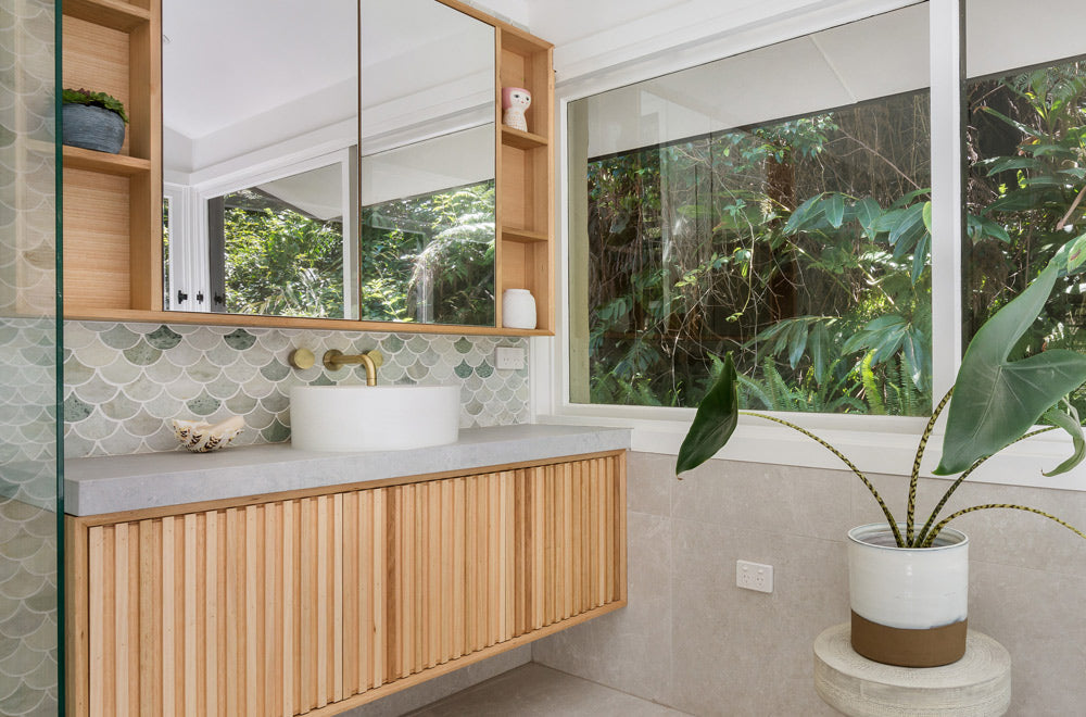 Nature-inspired replace bathroom mirror cabinet with sliding mirrors and built-in vanity storage