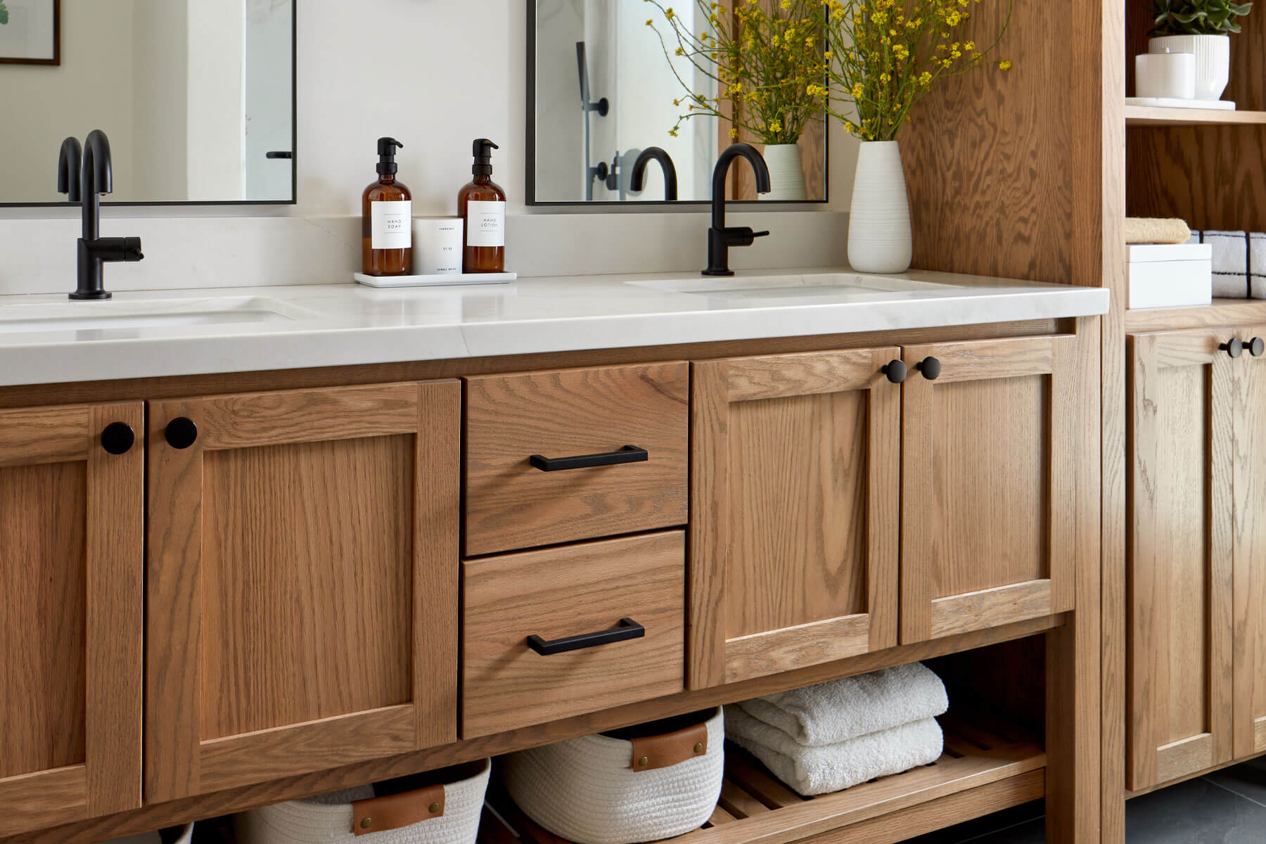 Modern light oak vanity design ideal for learning how to stain a bathroom cabinet with a natural finish.
