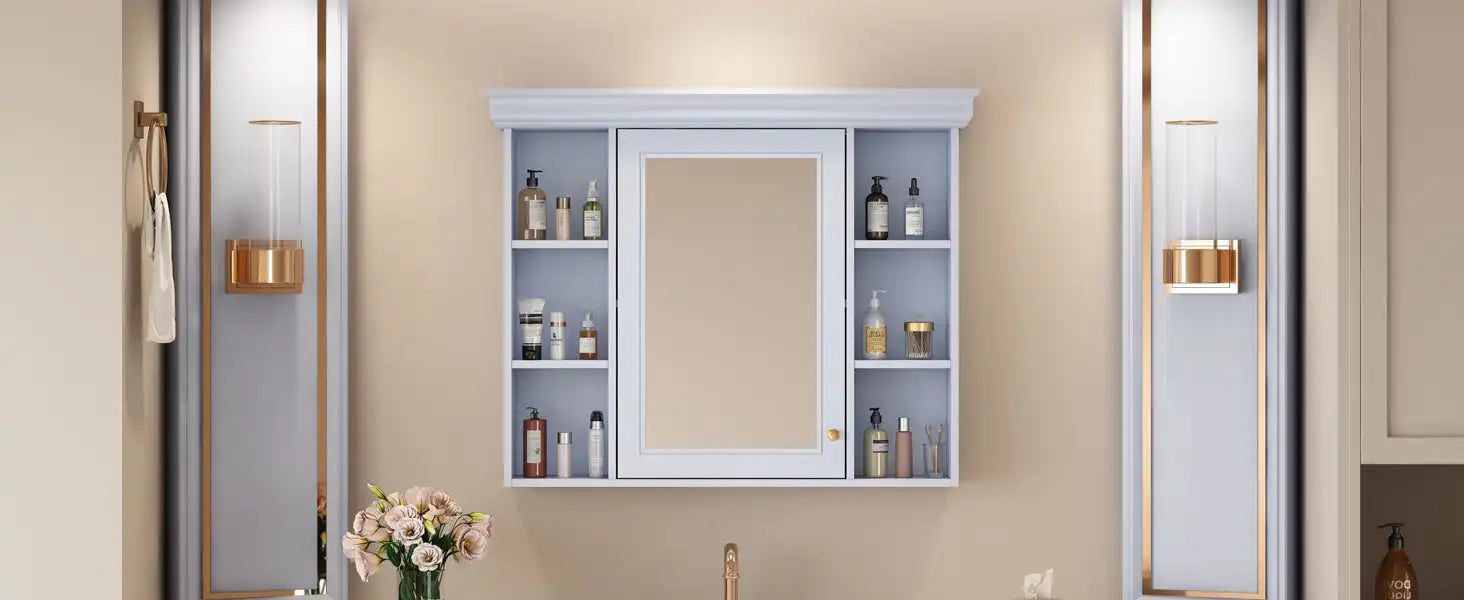 Elegant wall-mounted recessed bathroom mirror cabinet with side shelves for storage.
