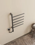 Gray Orven Series towel heater rack 16 x 27 viewed from top angle showing five rotating bars | Ace Decor