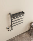 modern gray heated towel rack with shelf 18 x 27 wall mounted above a bathroom stool | Ace Decor