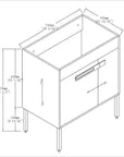 30" freestanding single bathroom vanity with sink dimension diagram showing cabinet depth, height, and metal leg structure | Ace Decor