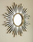 Angled close-up of 33" modern large wall mirror featuring mirrored sunburst spokes | Ace Decor