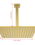 Measurement diagram of the Lorton 12" brushed gold shower head, showing length, width, and height details.