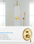 Avelar brushed gold single handle valve controls water flow and temperature while the knob switches between rain shower, body jets and hand shower.