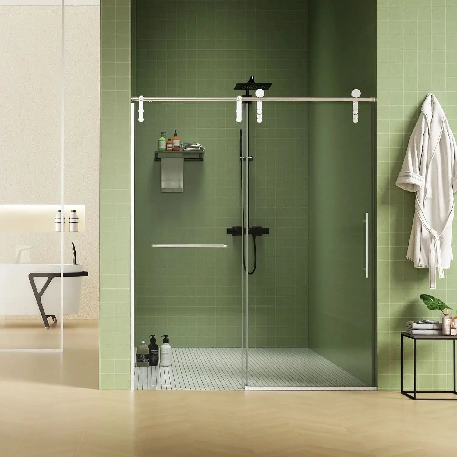 3D video showing shower door 60 x 76 with sliding motion and bathroom scene view | Ace Decor