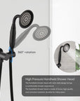 Avelar brass handheld shower head with 360° rotation, featuring a durable matte black finish and a flexible stainless steel hose.
