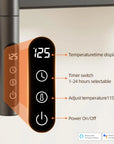 Close-up of LED touchscreen showing timer and temperature controls on Velin electric towel warmer for bathroom.