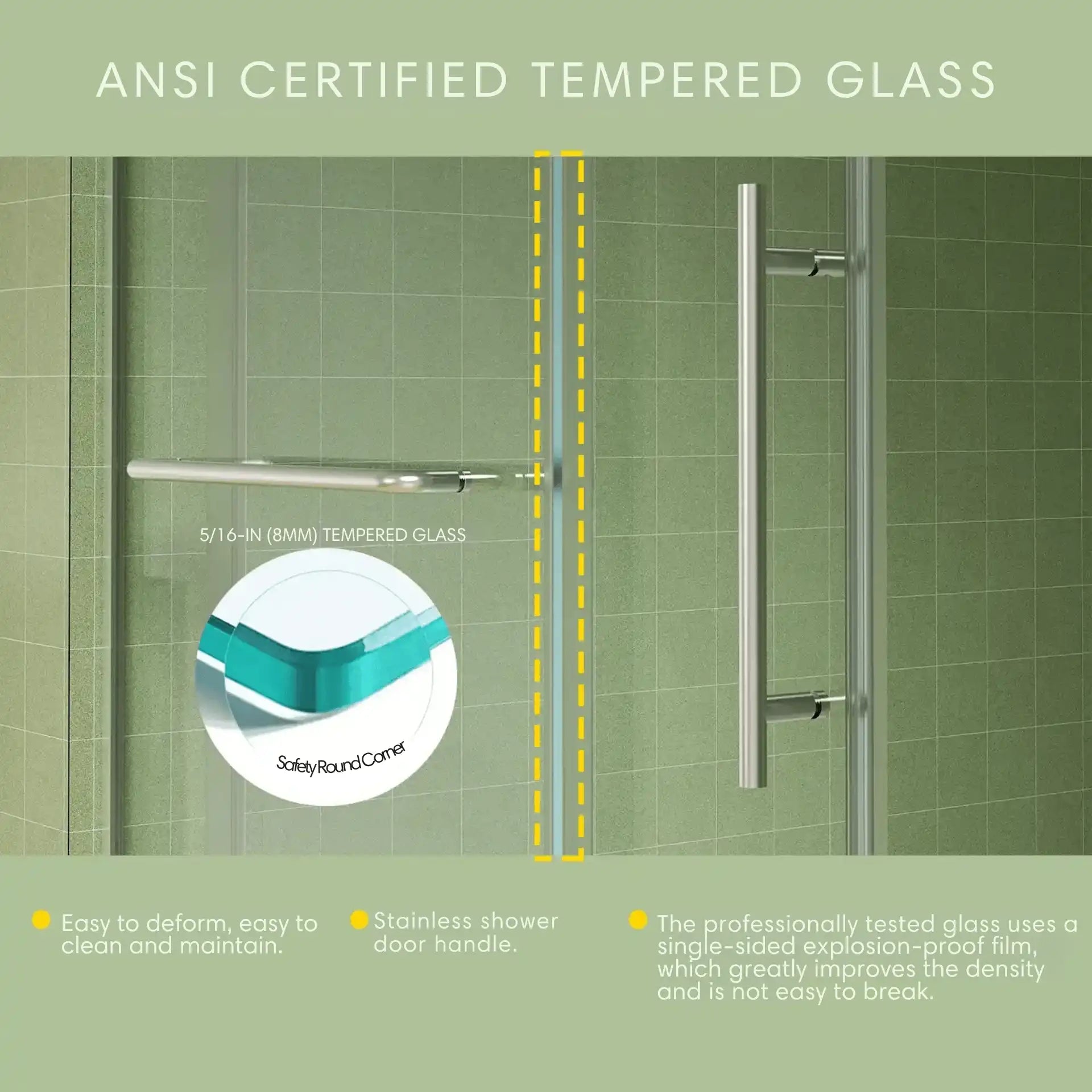 Close-up of shower door 60 x 76 featuring ANSI certified tempered glass and stainless handle | Ace Decor