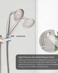 Avelar high-pressure handheld shower head with 360° rotation, featuring a durable brushed nickel finish and a flexible stainless steel hose.