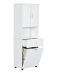 69.92” White Tall Bathroom Linen Cabinet with Open Shelves, Drawers & Laundry Basket