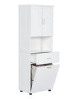 69.92-inch white tall bathroom linen cabinet with double-door upper cabinet, open middle shelves, single drawer, and bottom tilt-out laundry basket.