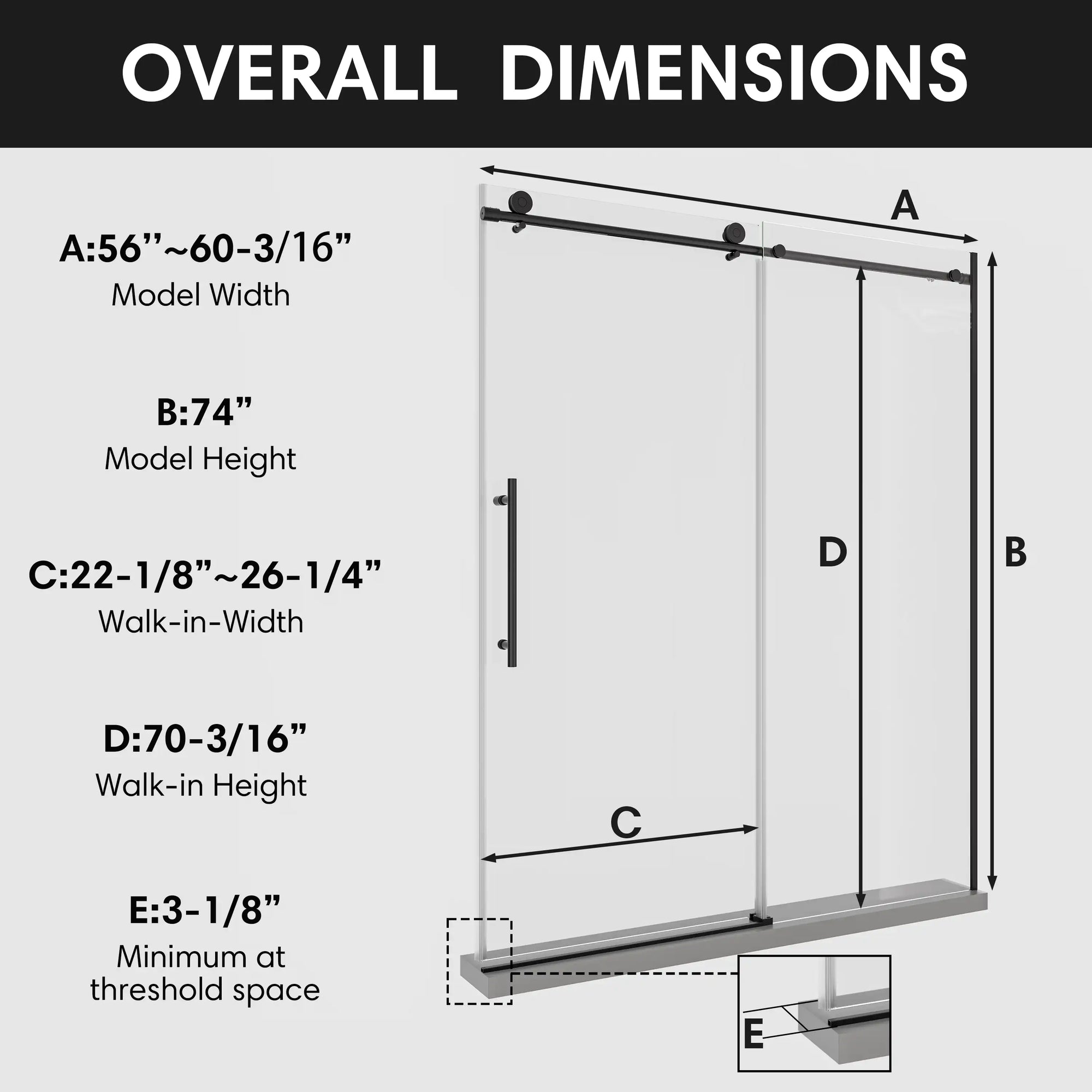 Black frameless sliding shower door with overall dimensions chart, size 60 x 74 | Ace Decor