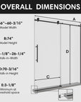 Black frameless sliding shower door with overall dimensions chart, size 60 x 74 | Ace Decor