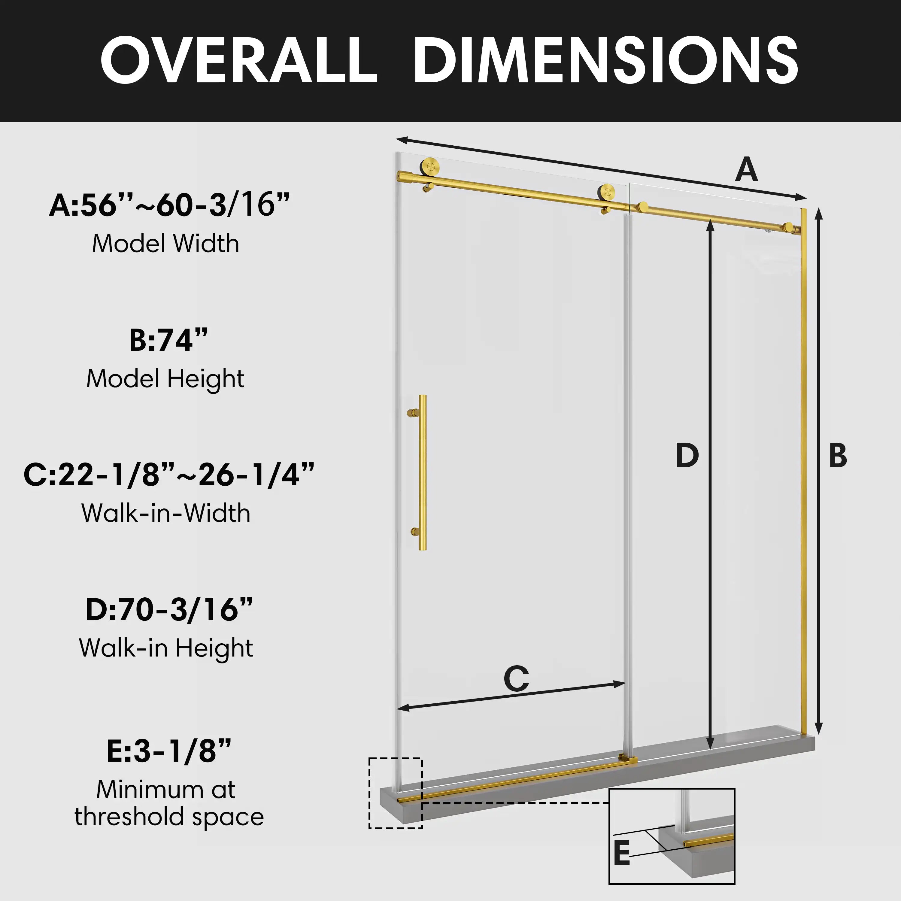 Gold frameless shower door with overall dimensions chart, size 60 x 74 | Ace Decor