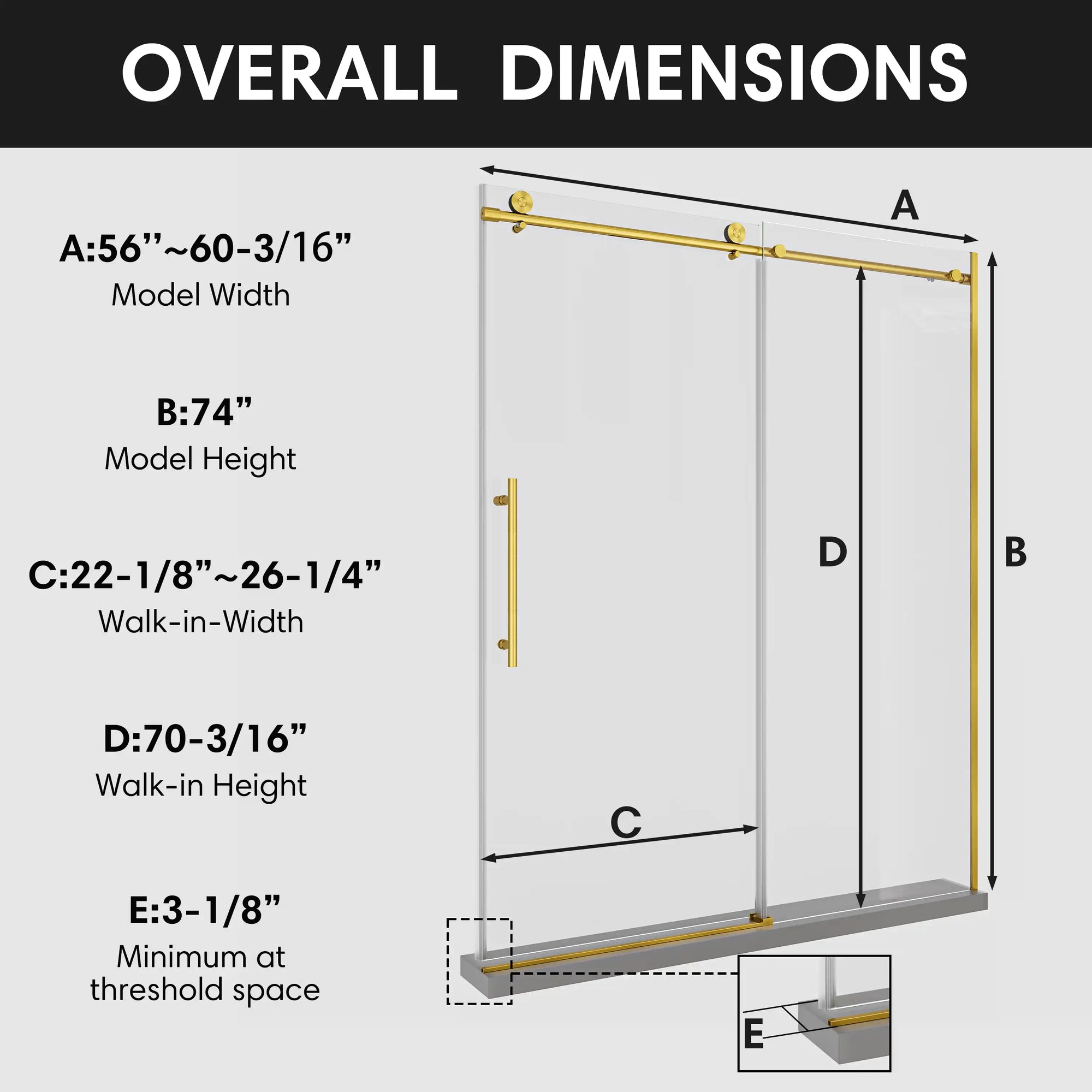 Gold frameless shower door with overall dimensions chart, size 60 x 74 | Ace Decor