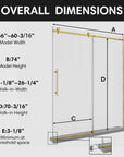 Gold frameless shower door with overall dimensions chart, size 60 x 74 | Ace Decor