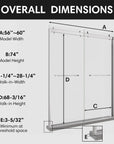 Overall dimensions chart of sliding shower doors brushed nickel, frameless design, size 60 x 74 | Ace Decor