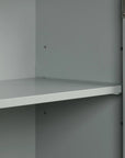 Close-up of adjustable shelves inside Norrin 67.3 inch grey tall bathroom cabinet.