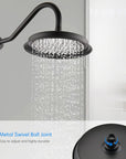 Avelar matte black rain shower's swivel ball joint, highlighting its easy adjustment for a customized shower angle.