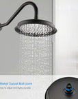 Avelar matte black rain shower's swivel ball joint, highlighting its easy adjustment for a customized shower angle.