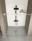 Top view of 60 x 76 frameless bypass shower door with chrome hardware and dual sliding glass panels | Ace Decor