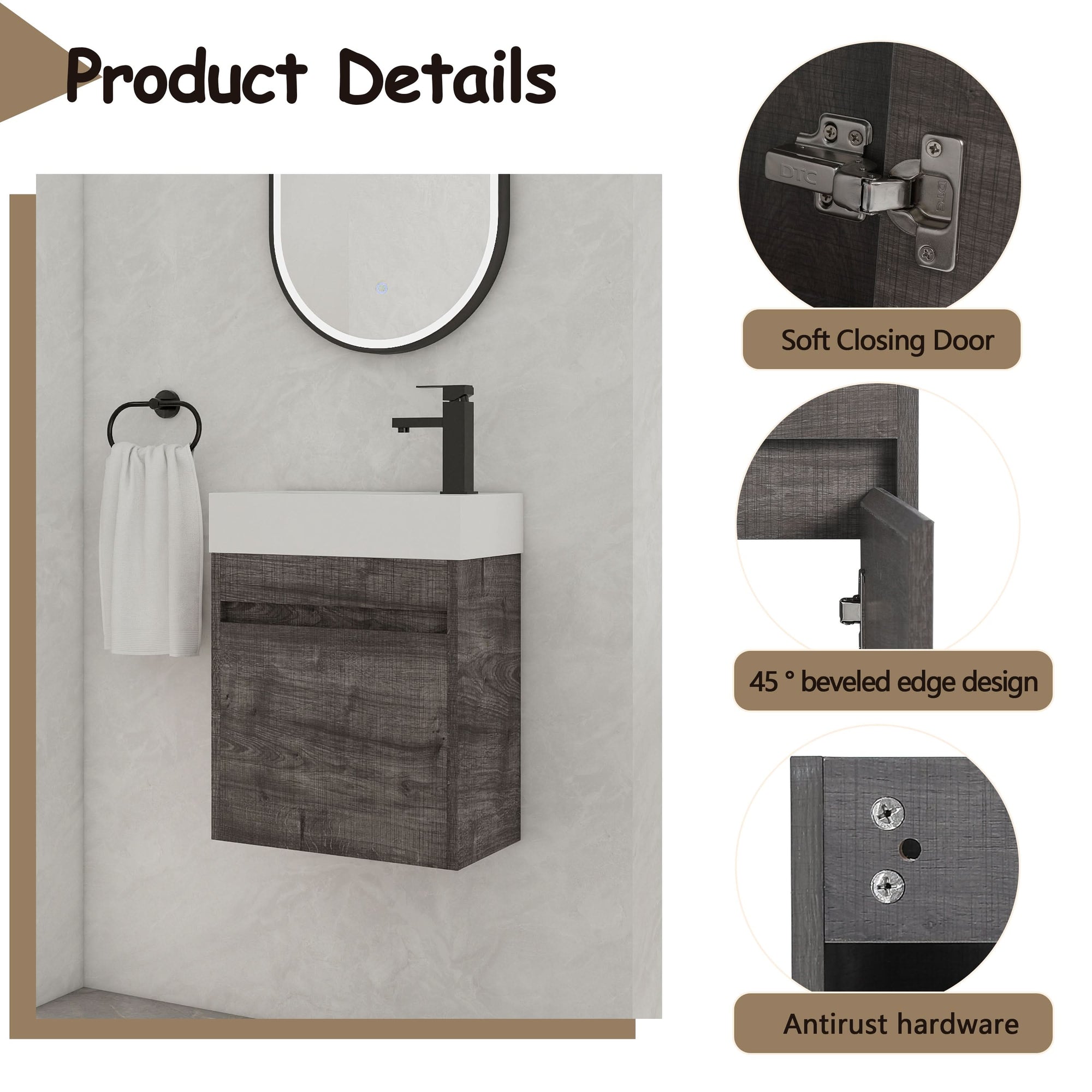 18'' Floating Bathroom Vanity with White Resin Sink & Soft-Close Door color: Plaid Grey Oak